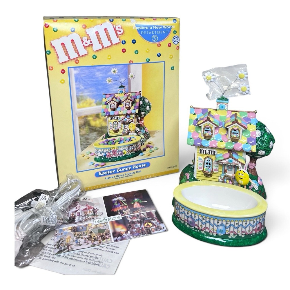 Department 56 M & M Easter Bunny Lighted Candy House Candy Dish Vintage 2004 NIB